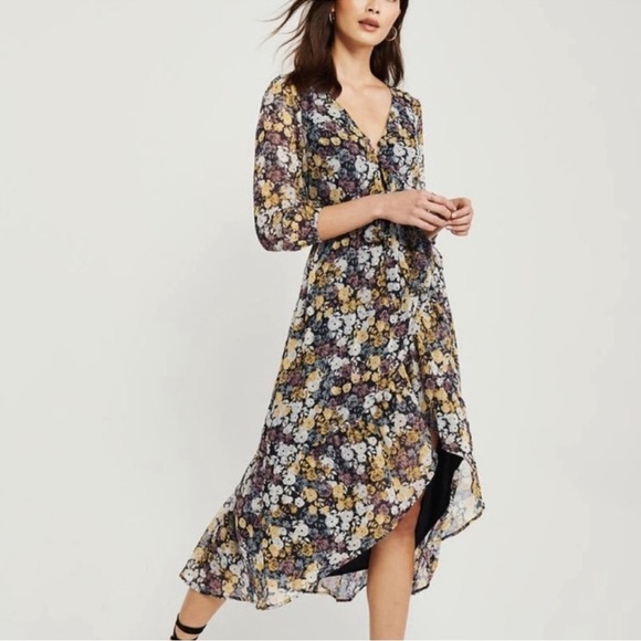 Abercrombie & Fitch Cut-Out Black Floral High-Low Midi Dress Size Small - Picture 1 of 15